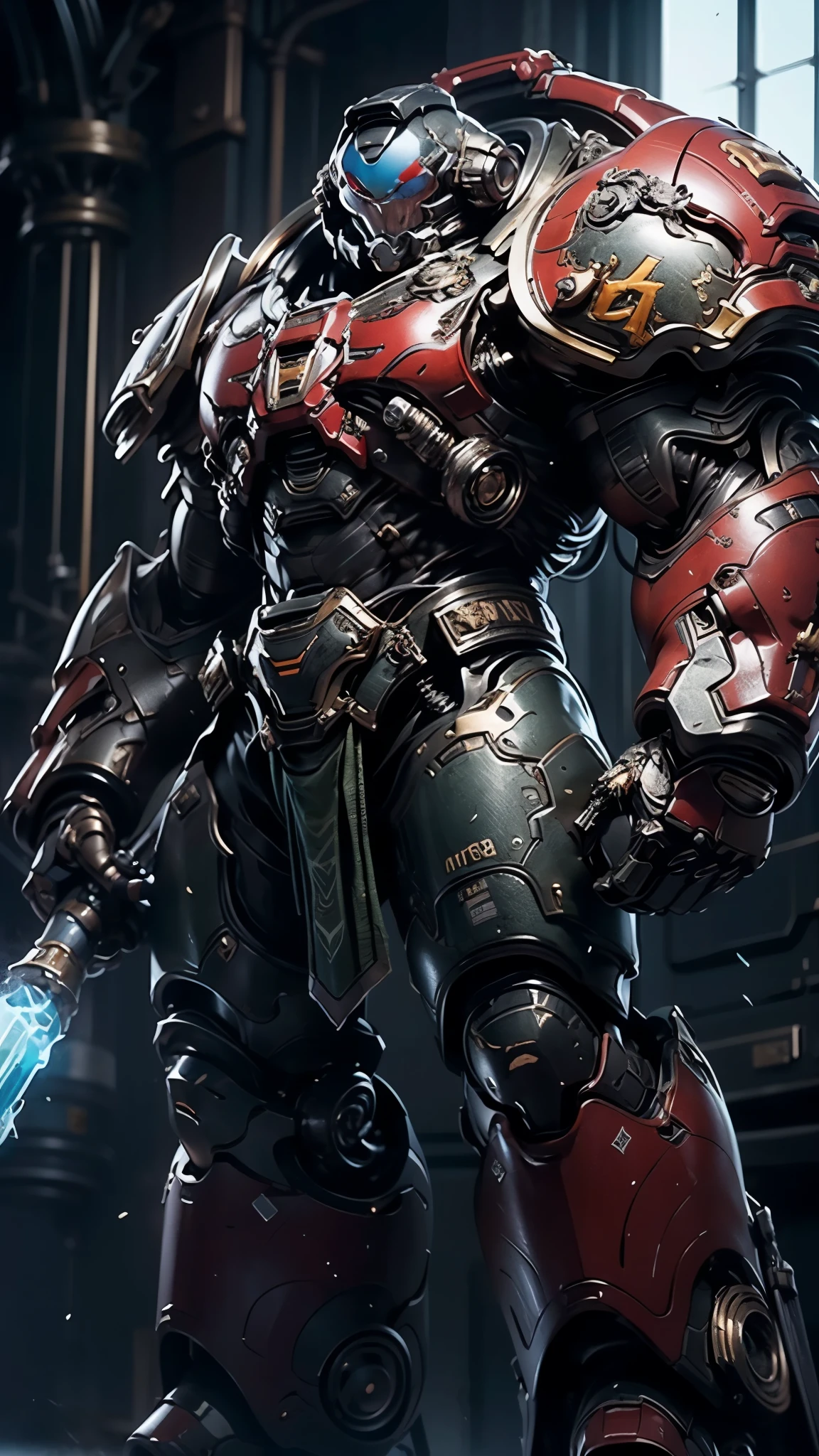 (masterpiece:1.5, best quality:1.5, extremely delicate:1.5), ((male:1.5)), a man wearing a full-face helmet, a biotech armored combat suit, green eyes, (a composite layered chest armor), fully enclosed shoulder guards, matching arm and leg guards, a belt of gemstone, (the color scheme is primarily Blue with White and Red accents), the design balances heavy with agility, a high-tech bio-mecha armor, (Armor Concept Inspired by Space Marines, stand of a futuristic sci-fi city), this character embodies a finely crafted Space Marines in anime style, exquisite and mature manga art style, (element, plasma, energy, the armor glows), metallic, high definition, highres, ultra-detailed, ultra-fine painting, professional, perfect body proportions, golden ratio, anatomically correct, symmetrical face, extremely detailed eyes and face, high quality eyes, creativity, RAW photo, UHD, 32k, Natural light, cinematic lighting, masterpiece-anatomy-perfect