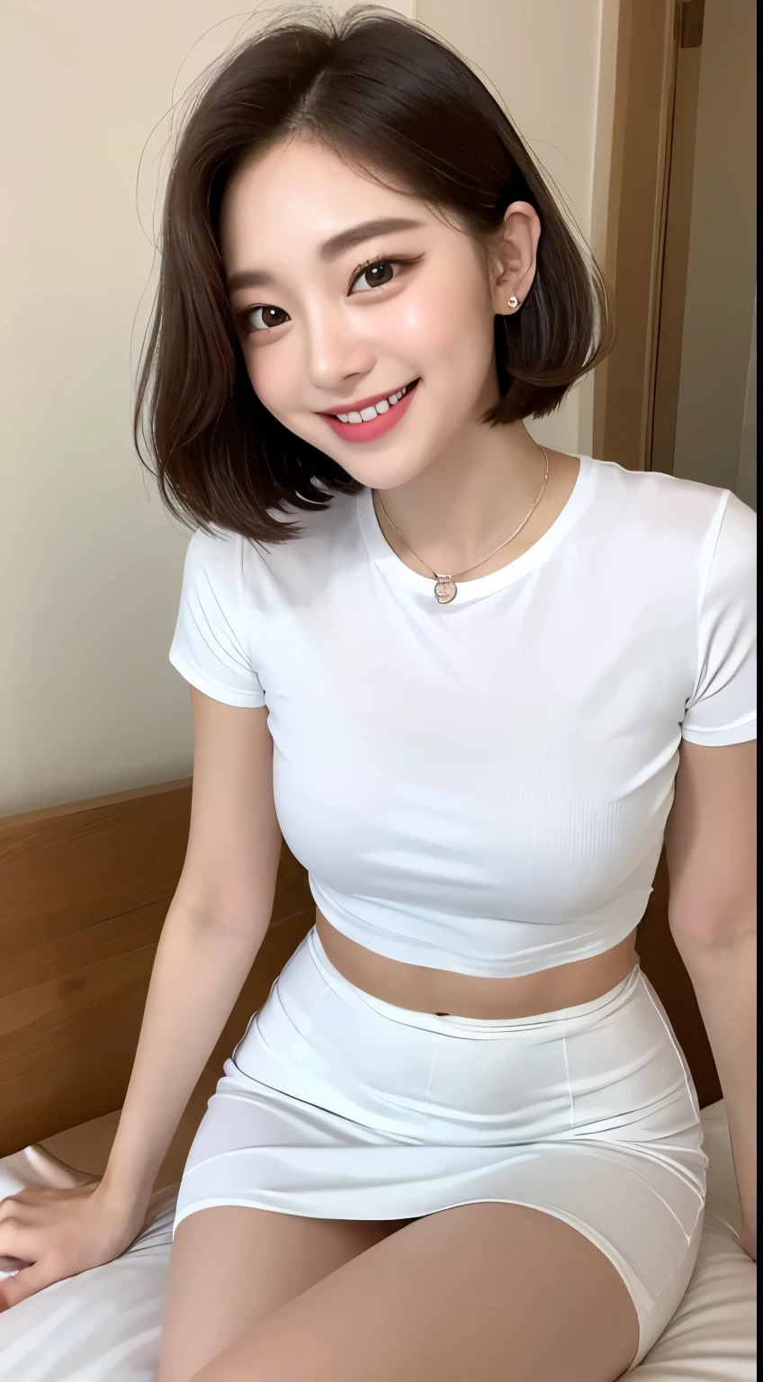 White tight shirt、White tight mini skirt、bed、smile、Short sleeve、high resolution、Korean idol face、double eyelid、White teeth、Medium Hair