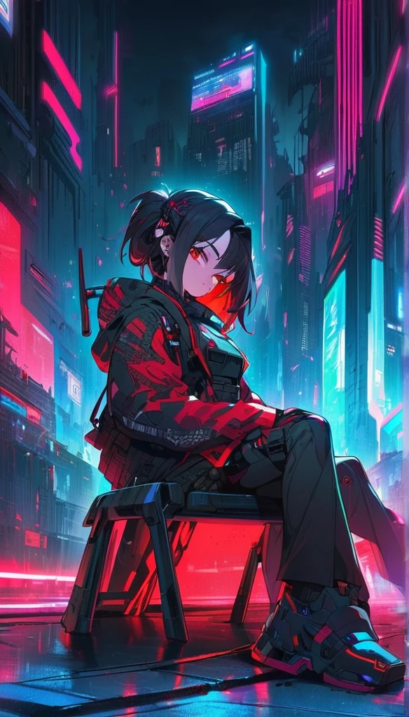 Sitting cross-legged on the ground、Looking down at the viewer、A red and black devil with two guns in front of him, very beautifulAnime Cyberpunk art, Anime Cyberpunk, Cyberpunk anime art,  Cyberpunk anime art, Ghost in the Shell&#39;Super muscular Motoko in a purple adult bikini、A man laughing and training in ahegao