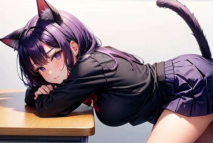 saliva、orgasm ,all-fours,Professional lighting, petite girl, purple hair, green eye color, yandere, hair up to the shoulders, cat ears, high school uniform、short sleeves