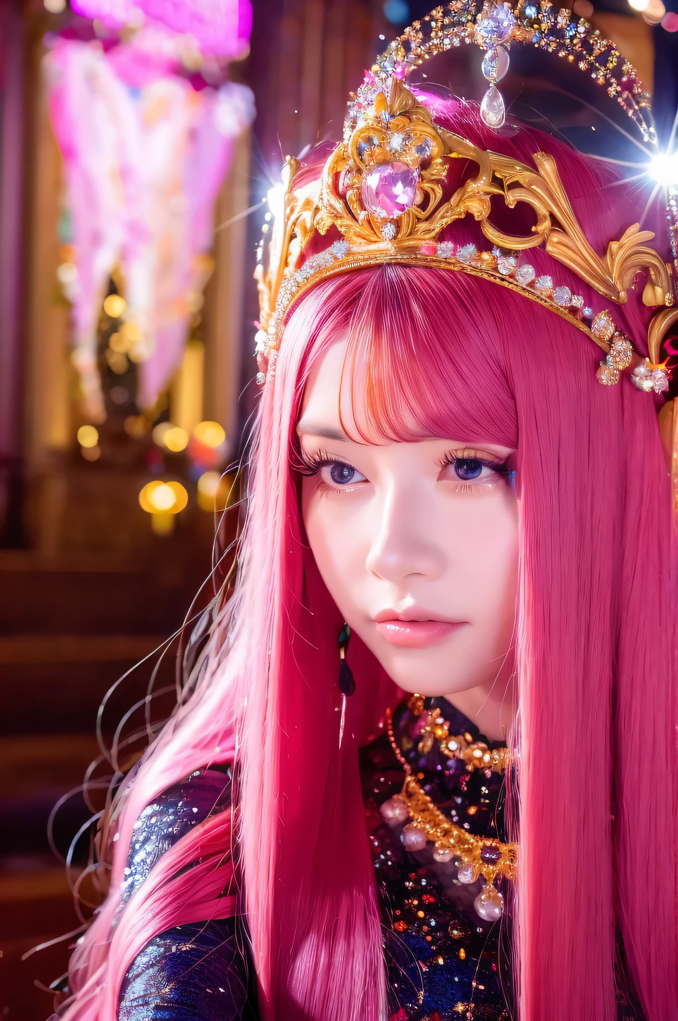 ((highest quality)), ((masterpiece)), (detailed), Perfect face, spiritual goddess, romantic look, long pink hair, mysterious look, amazing aura, gorgeous upper body, even more beautiful look, sparkling crown and decorations, from the front