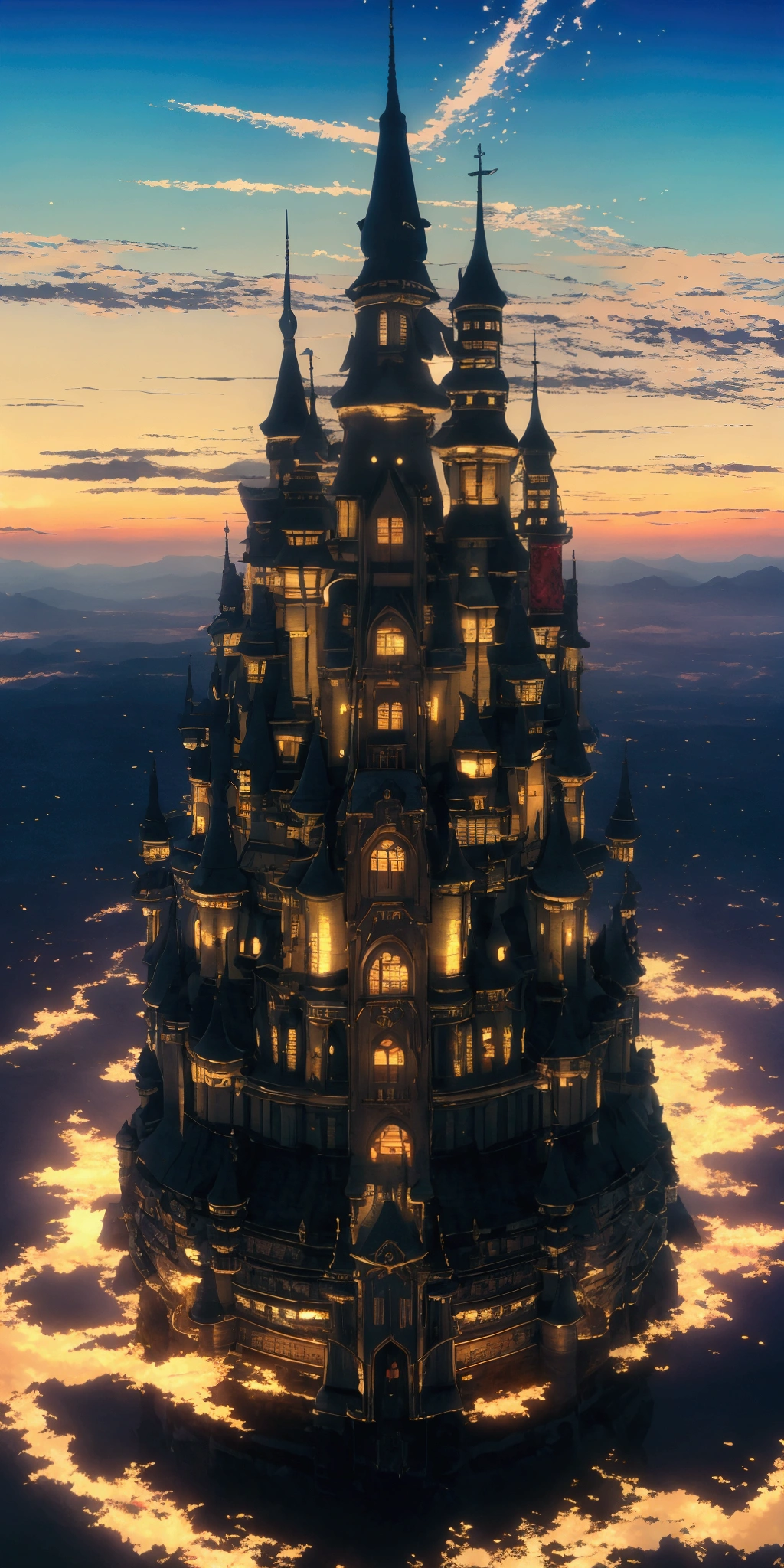 masterpiece, best quality, ultra-detailed, high resolution,High quality, high definition images, full HD, 8k,(anime style:1.3), Beautiful views、Mysterious Landscape、Floating Castle