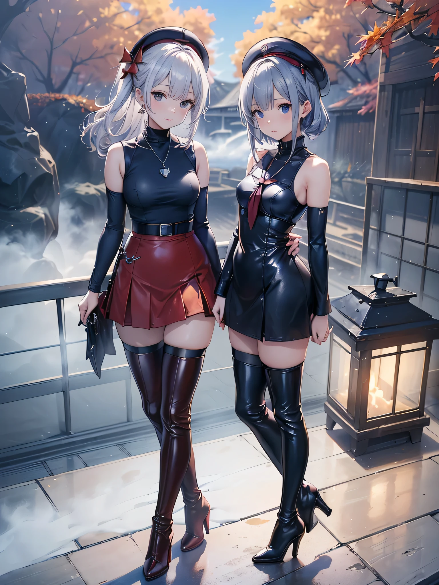 ((Biologically correct limb count)),(( From head to toe,Full-body photo including face)),4K,masterpiece,((Focus on the face)),((Symmetrical facial features)),Eyes with detailed description,Beautiful woman,Great style,Beautiful arms,Beautiful legs,Beautiful Hands,(Small Ass,Thin thighs),Detailed depiction of the face,Small earrings,necklace,(Navy leather clothes,skirt((High heels,Thigh-high boots))),Fantastic photos,Short Hair,Stand at an angle,Meeting,Alluring,beret,(Outdoor,A foggy early morning in Tokyo;1.2),Sitting