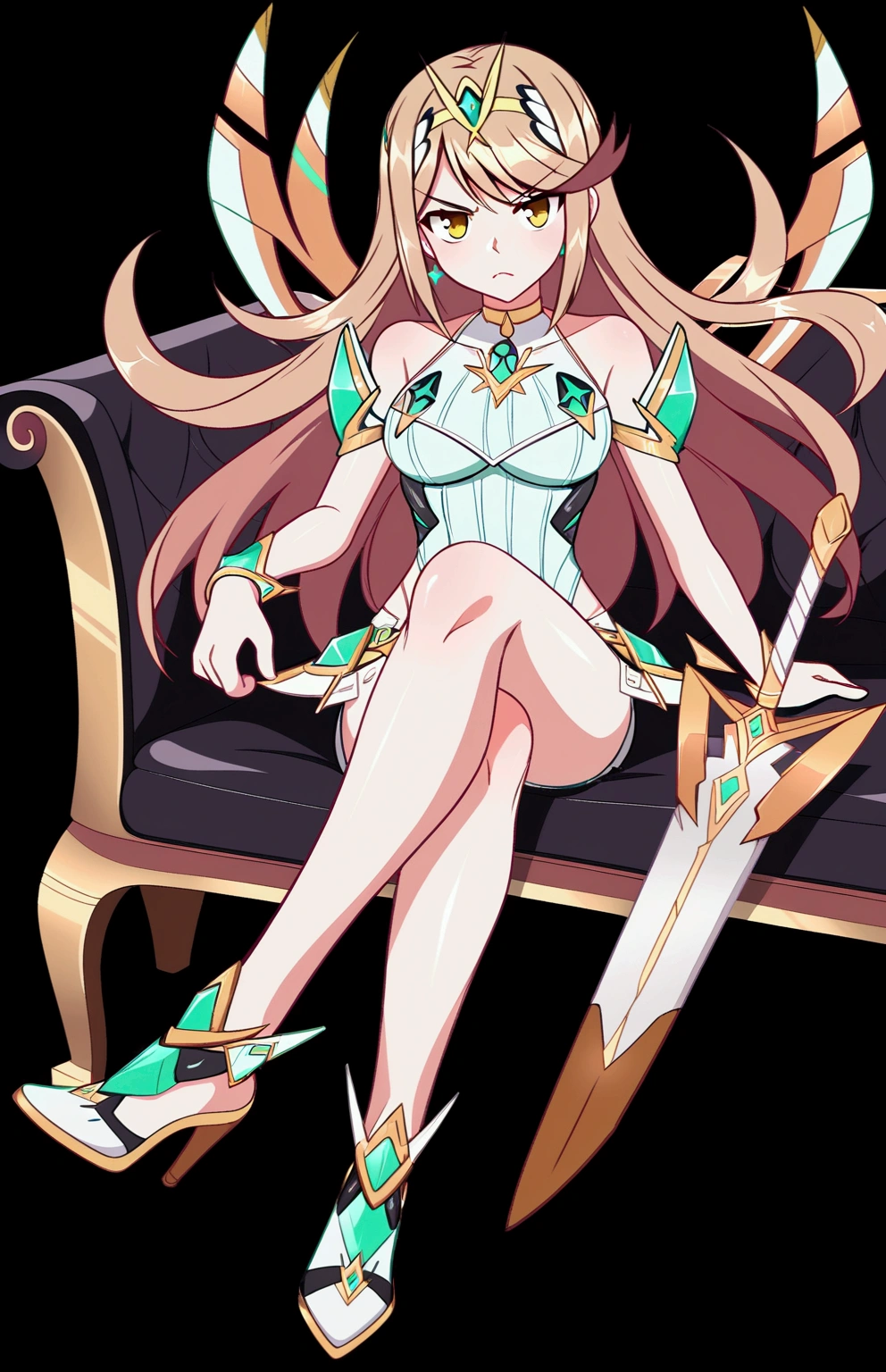 
Mythra, long hair, by Ruio, bob cut, yellow eyes, 1 girl, Alone, Bare shoulders, Strapless, medium chest, pink shirt, Pink mini skirt, sitting on a sofa, full body, bare legs with red heels, crossed legs,serious guy