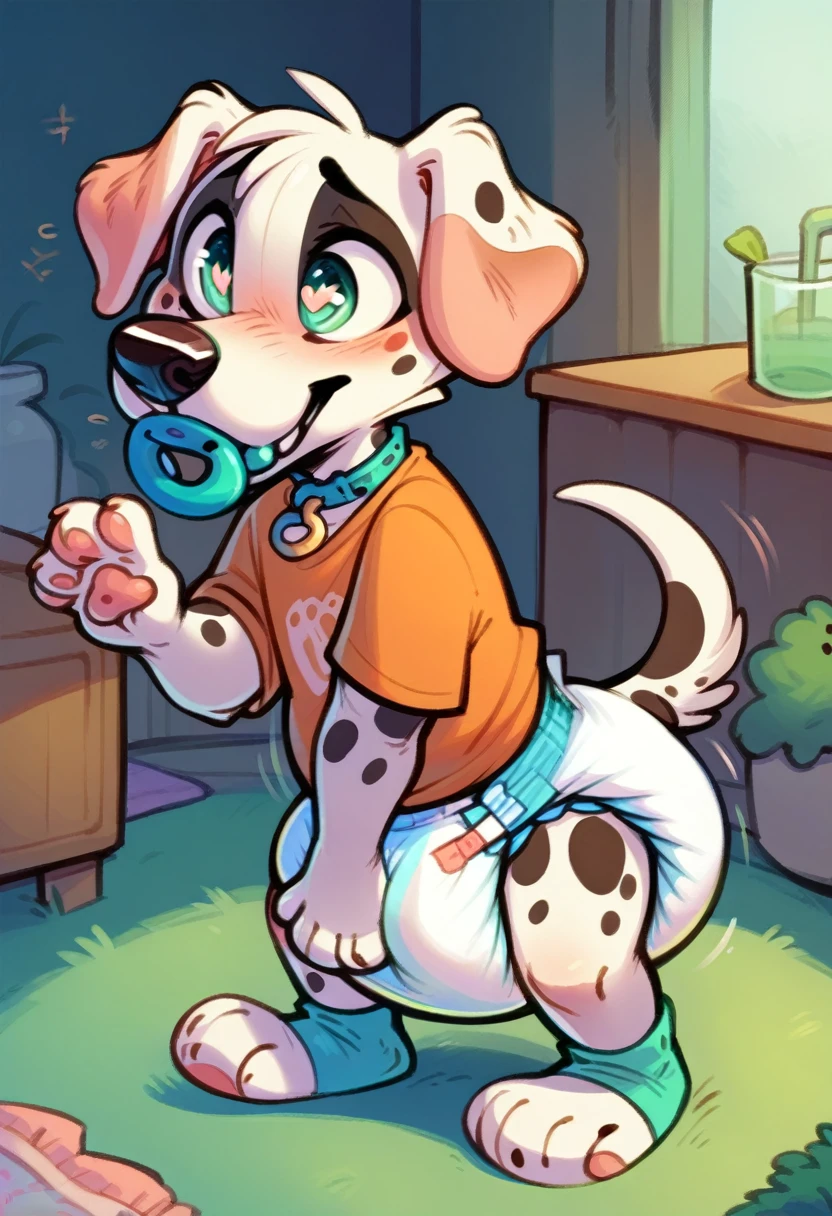 A baby Dalmatian dog, with swirl eyes, and a full and stinky mushy diaper, with a pacifier in its mouth, wagging it's tail, rubbing it's diaper, bloated diaper, diaper bulge.