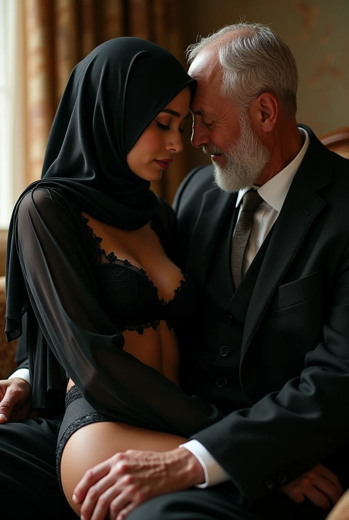 Pale skin kurdish woman straight tight tied hijab nude shoulder nude arm breasts talking with a black man in luxury room