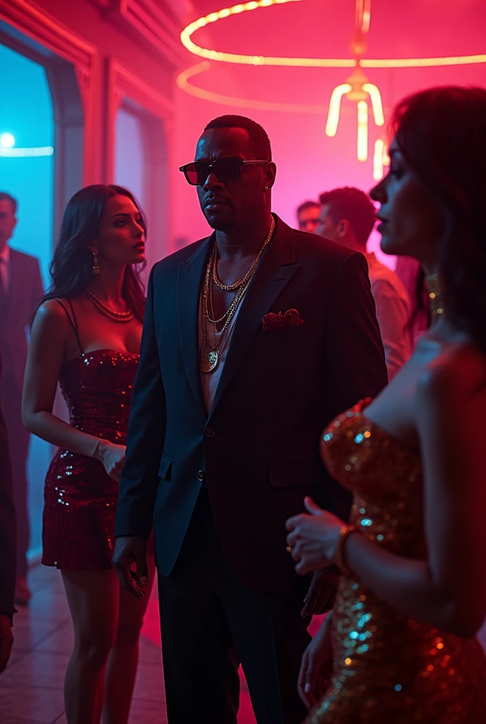 black and white men with money and jewelry in nightclub throwing money advance, watching half-naked white and black women, dancing