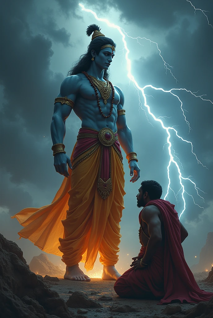Create the image of the magician Shantih by invoking a Pashupatastra with the following instructions:
#Appearance The wizard Shantih wears ordinary white clothing and a necklace with large beads. (japamala), closely resembling a Buddhist preacher. Furthermore, presents a third eye (bindi) and a great muscular build, which makes others mistake him for a martial artist. He's bald and doesn't have a beard.
Pashupatastra is an astra , a heavenly missile, affiliated with the Hindu deity Shiva , bem como Kali e Adi Parashakti , that can be triggered by the mind, through the eyes, by words or by a bow. Should never be used against lesser enemies or by lesser warriors. (humans), Pashupatastra is capable of destroying creation and defeating all beings. It is one of the six Mantramukta weapons that cannot be resisted..
It is the most powerful astra of Shiva, and the embodiment of his energy and power. When fired, a manifestation of Shiva appears in the sky with a thousand heads., thousand eyes, a thousand stomachs and a thousand feet. Possesses the absolute power capable of annihilating anything, including divine entities and universal creation itself. This weapon had to be obtained directly from Shiva.
attention : Shantih is holding the bow Gandiva and aiming the Pashupatastra like an arrow. The manifestation of the thousand heads of Shiva is right behind the character. Place multiple Shiva faces in the image. It needs to be quite extravagant as described and unrealistic. Both Shantih and Shiva face the viewer. They are an anime drawing.