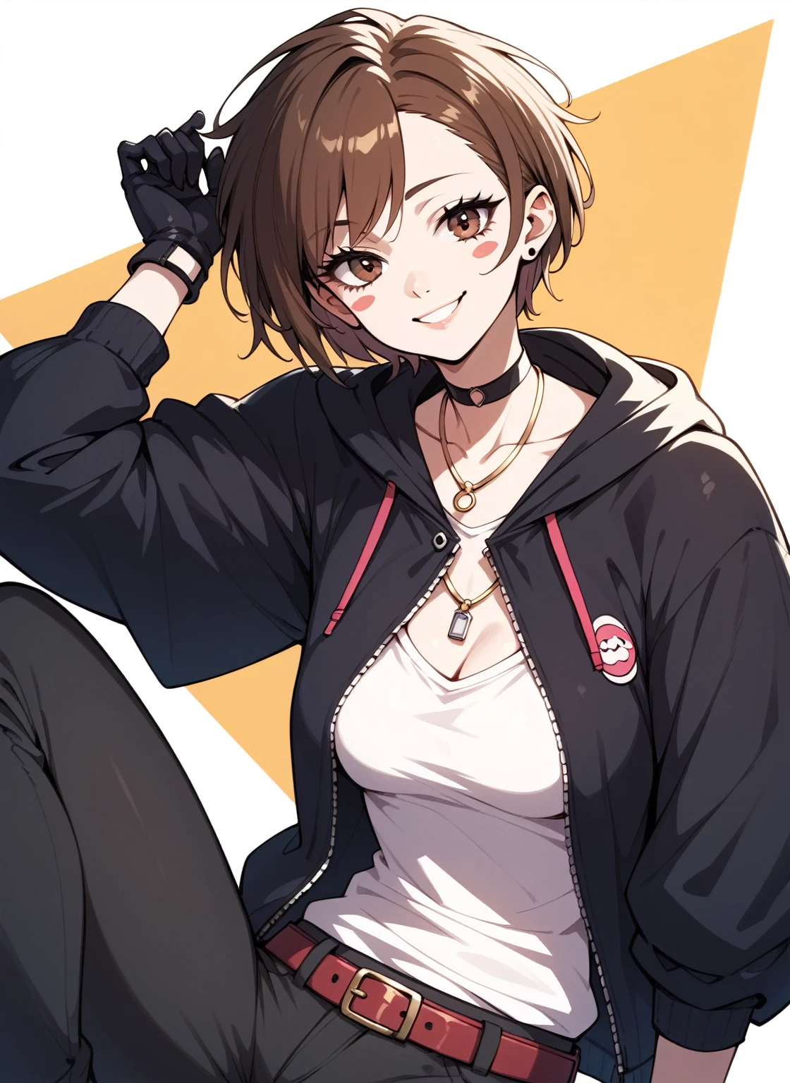 (work of art: 1.6, best quality), (fine and beautiful eyes: 1.2), (The overload), high quality, Beautiful face, a drawing of an anime girl, 1girl, solo, pants, blush stickers, smile, brown eyes, brown hair, necklace, looking at viewer, belt, gloves, white shirt, short sleeve hoodie, Hoodie Open Zipper, short hair, punk girl ,skinny,