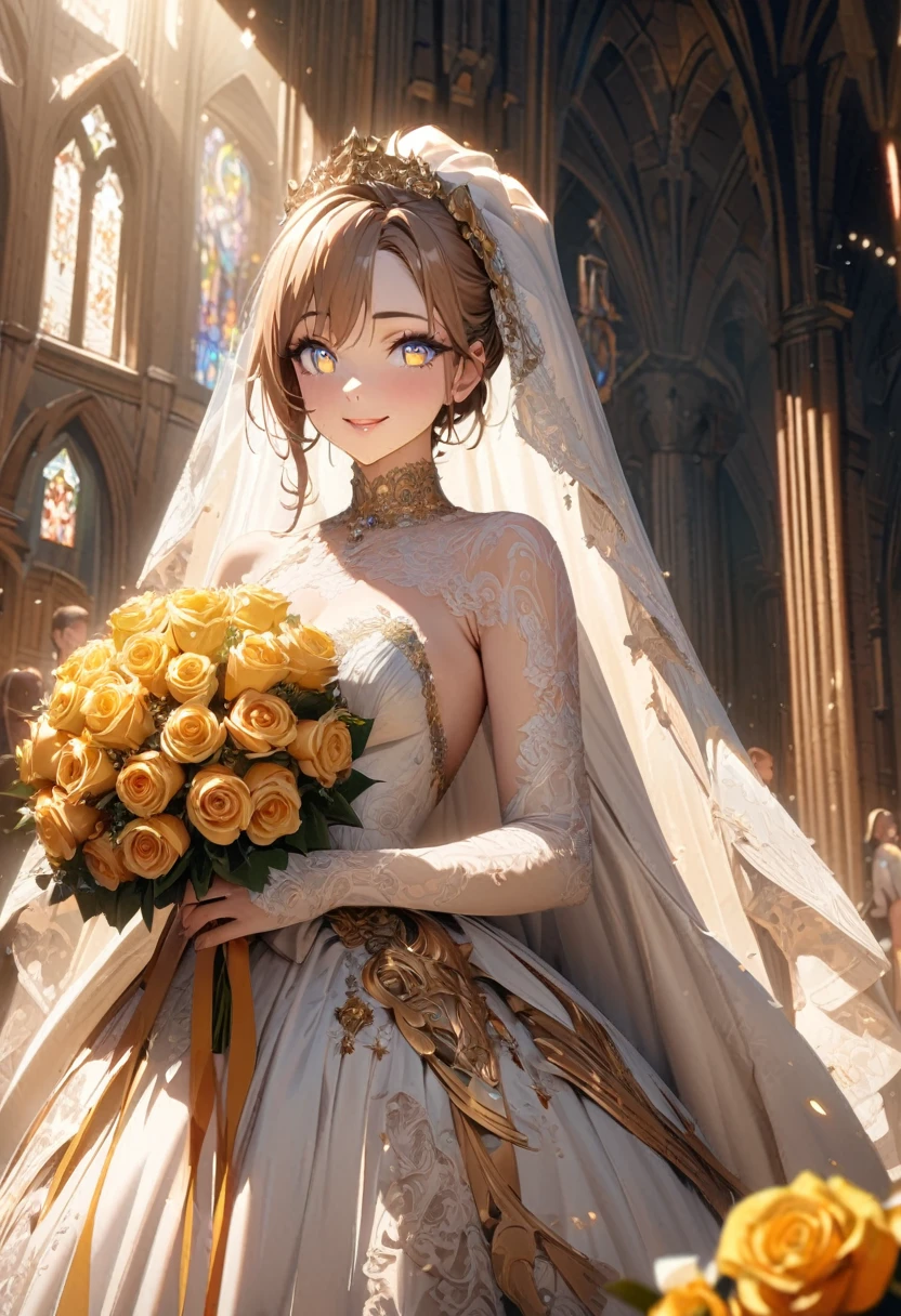 (best quality,highres,masterpiece:1.2),ultra-detailed,1 woman,(wedding dress and veil,have a small golden roses bouquet),she standing in front of the main altar in a church,anime style,flowers shower,smile,(long eyelashes,beautiful detailed eyes,beautiful detailed lips,extremely detailed eyes and face,vibrant colors,cinematic lighting,warm tones,photorealistic,masterpiece,8k,hyper detailed),