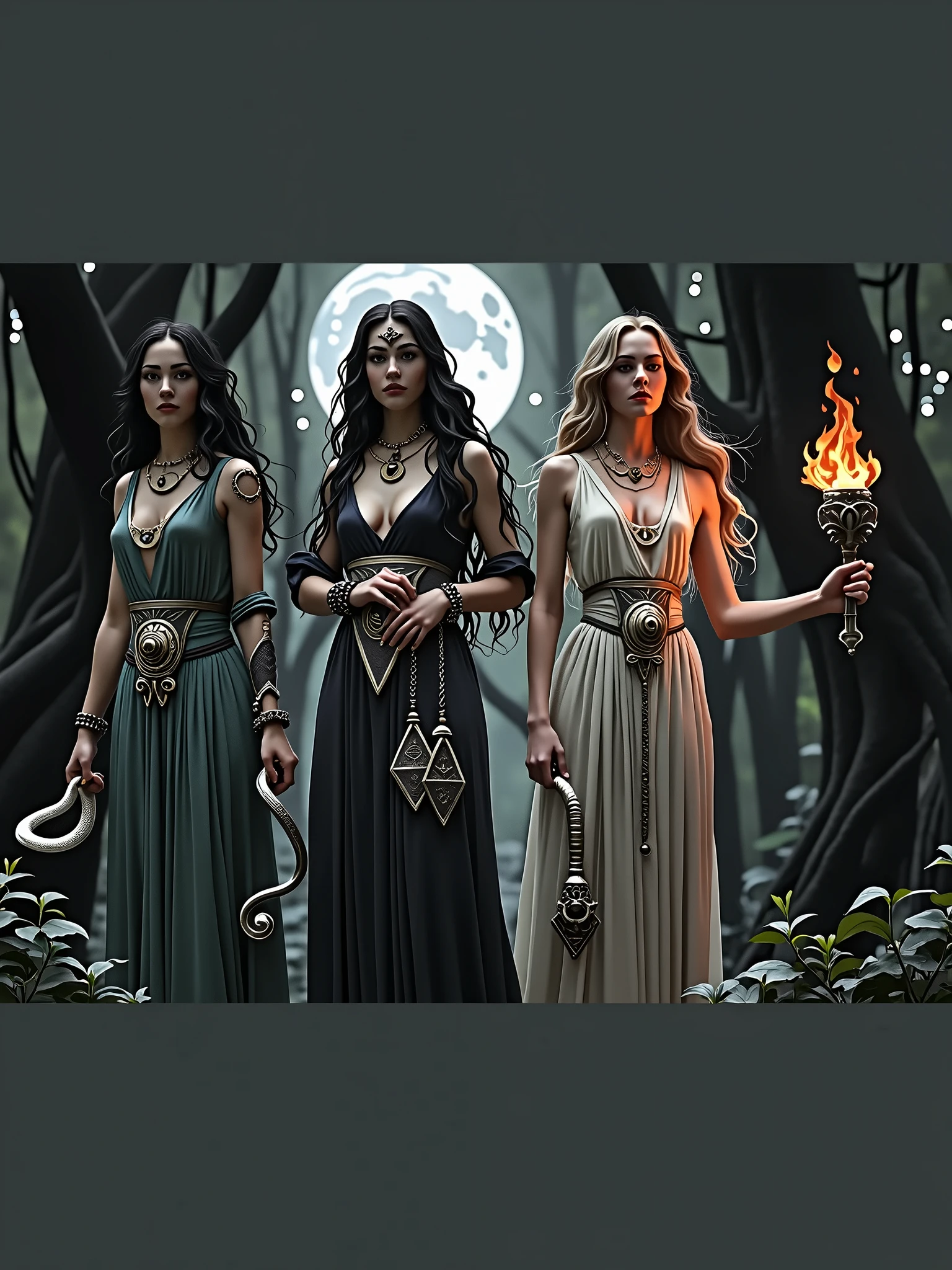 A beautiful 3 woman, beautiful breasts,. nice ass waist, red mouth and a beautiful smile, wearing a black party dress with gold and red details, holding a large trident, aretes, golden bracelets, skull and cross necklace, inside a beautiful cemetery with a full moon 