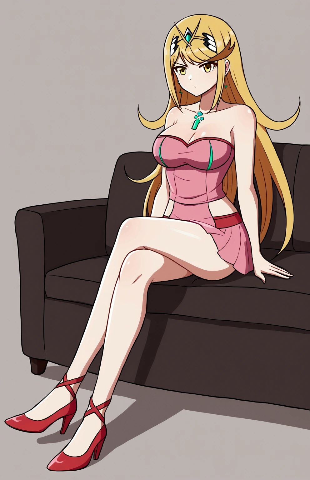 Mythra, long hair, by Ruio, bob cut, yellow eyes, 1 girl, Alone, Bare shoulders, Strapless, medium chest, pink shirt, Pink mini skirt, sitting on a sofa, full body, bare legs with red heels, crossed legs,serious guy