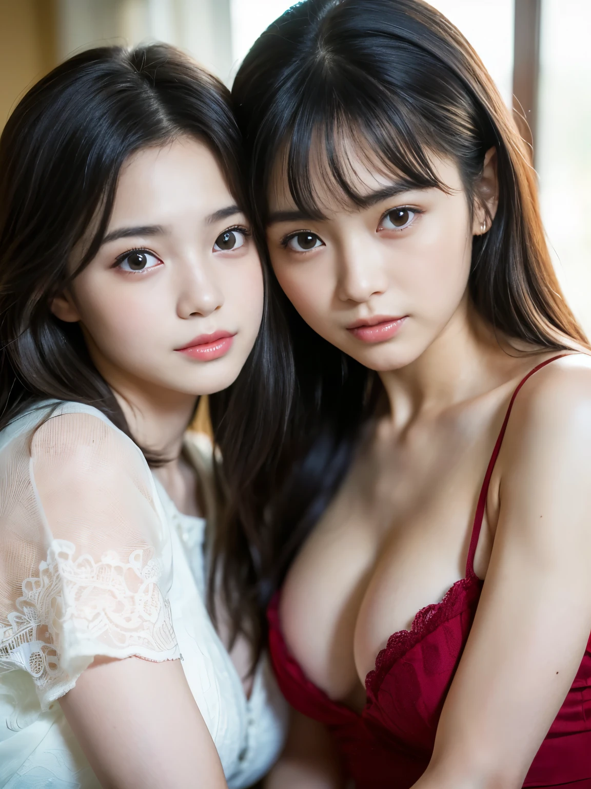 (Two Girls), Brown Hair, Great face and eyes, Pink Eyes, (expensive  with wide open breasts:1.4), Beautiful big , Exposed breasts, (Amazingly beautiful girl), Brown Hair, (expensive , Pleated mini skirt:1.5), ((Highest quality)), (Super detailed), (Highly detailed CG synthesis 8k wallpaper), expensively detailed, expensive-definition raw color photos, Professional photography, (((Bokeh))), Depth of written boundary,