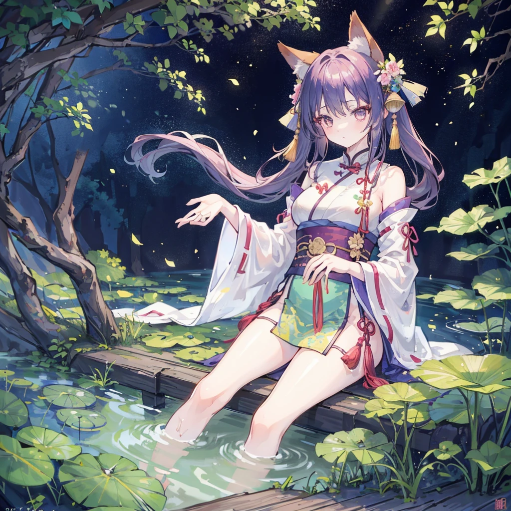 Girl about 17 years old with long purple hair. Pointy ears. Cute as a cartoon. Soaking in bath, hot spring, Ghibli style, high resolution, happy smile, cute art style, outdoor bath, small torii gate, hot spring, evening, cherry blossom, illustration.