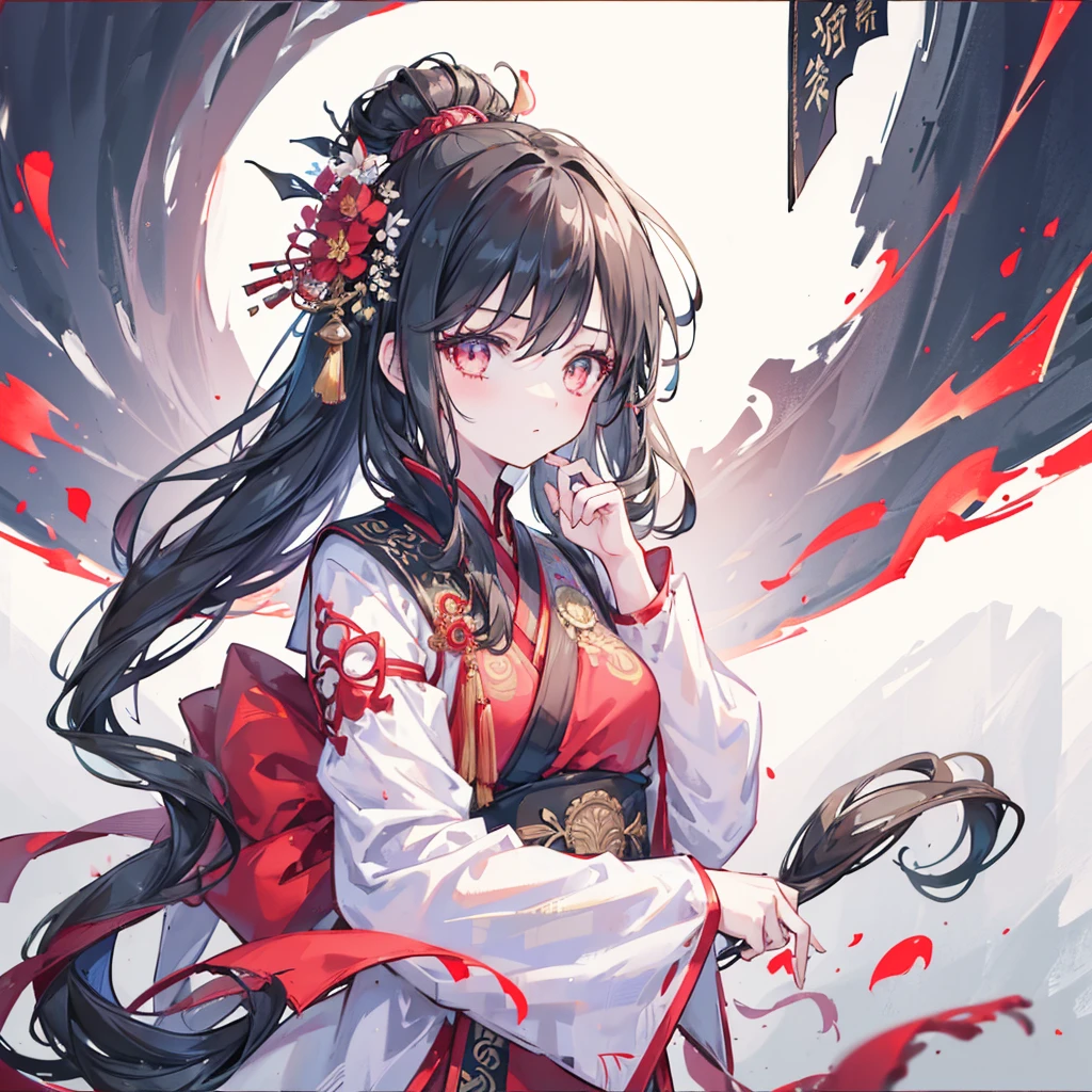 depth of field,A girl wearing a fox mask sits on the roof of an izakaya buried in rubble,miko,black hair,long hair,red eyes,red moon,shiny skin,(smirk),(close-up:1.3),outstretched arm