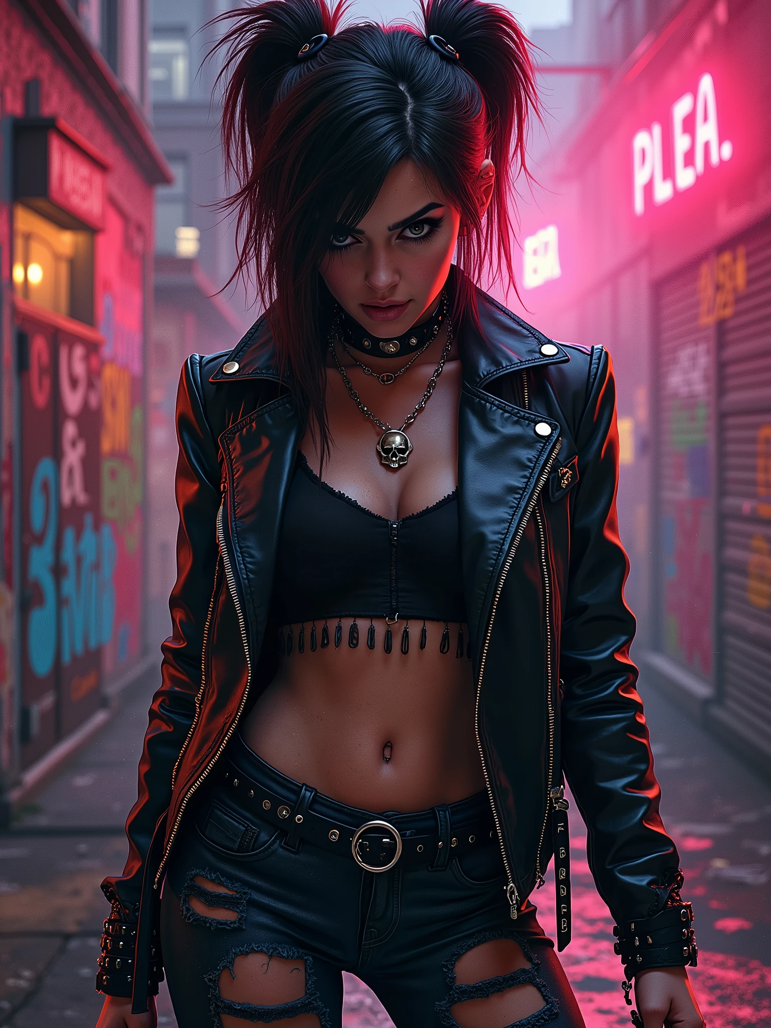 magra horror punk menina (cabelo moicano) in a graveyard, night, red neon lights