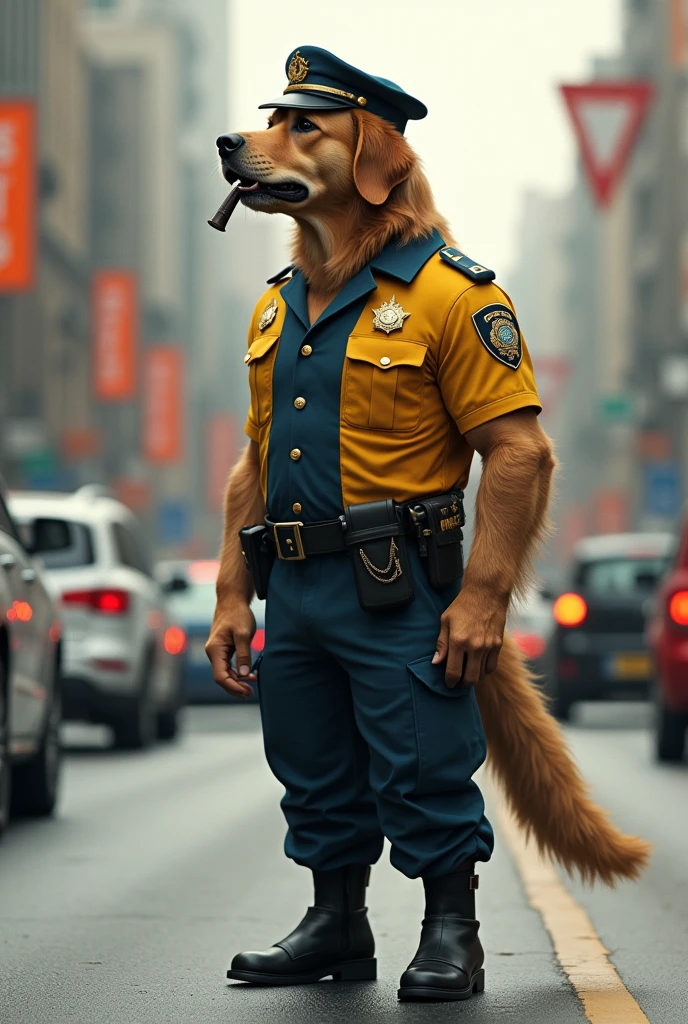 Golden Retriever,muscular body,wearing shoes, wearing trousers, traffic police uniform,standing on the road,holding a lifrik(whistle) in the mouth,the background of many vehicles,side background of road signs,Street,side angle camera