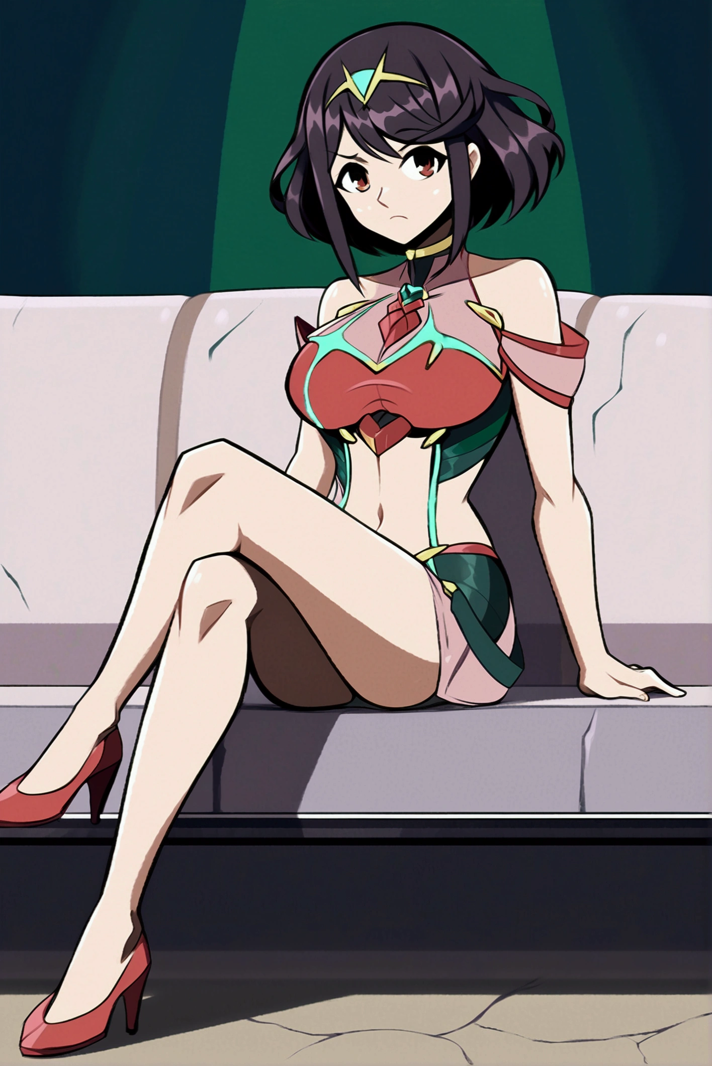 Pyra, short hair, Red hair, bob cut, red eyes, 1 girl, Alone, Bare shoulders, Strapless, medium chest, pink shirt, Pink mini skirt, sitting on a sofa, full body, bare legs with red heels, crossed legs,serious guy