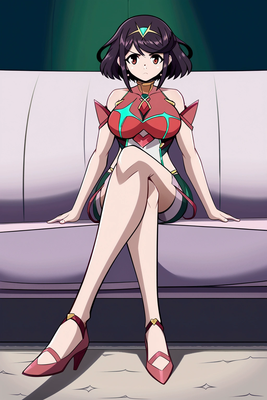 Pyra, short hair, Red hair, bob cut, red eyes, 1 girl, Alone, Bare shoulders, Strapless, medium chest, pink shirt, Pink mini skirt, sitting on a sofa, full body, bare legs with red heels, crossed legs,serious guy