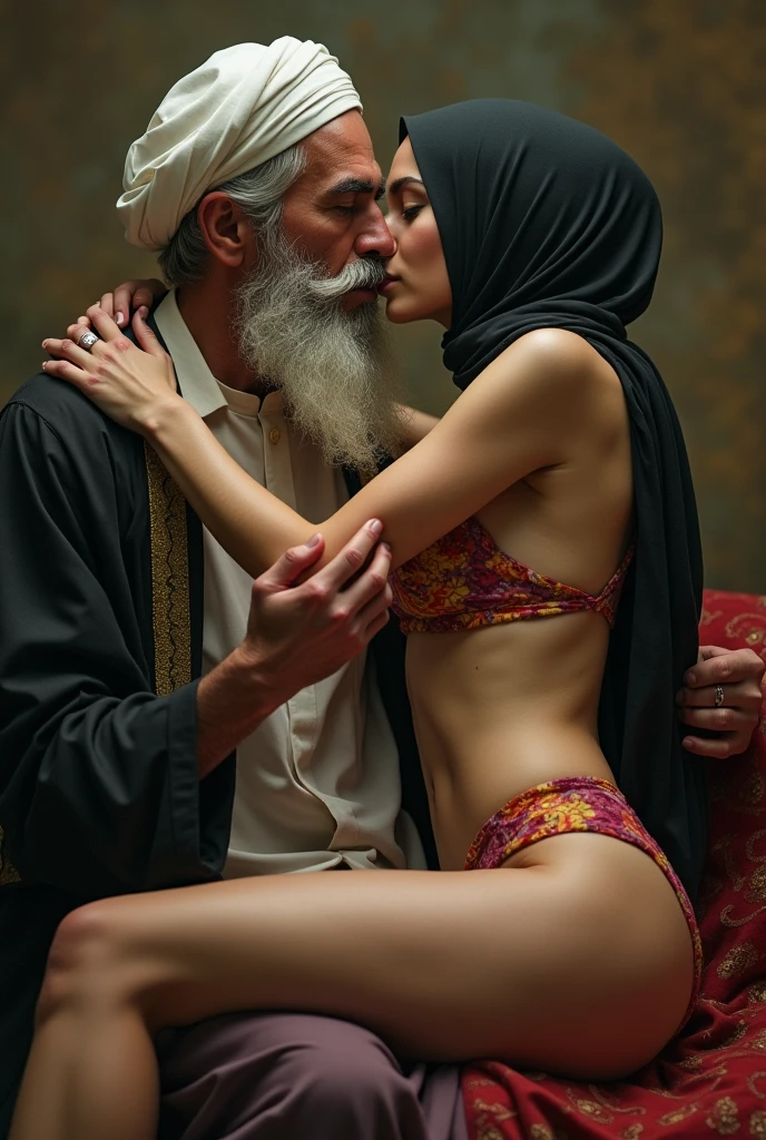 An american girl in bikini kissing an old man in garage, big breast, erotic, large breast, seductive, ((naked)), sexy pose, exposed breast, (girl wearing lingerie), big booty,huge boobs, old man hand grab ass, (girl wearing hijab)
