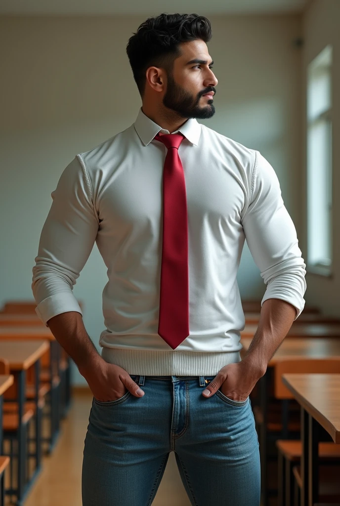 18 years old indian school boy with small beard mascular dark skin jaat with spiky hairstyle in , head to thighs, indian school boy, beautiful eyes, large lips, volumeric light, wearing tight white shirt, navy trouser, navy tie, muscular chest, long legs, left neck look, Wide shoulders, nice detailed hands, standing in school classroom background, sunny day, daylight