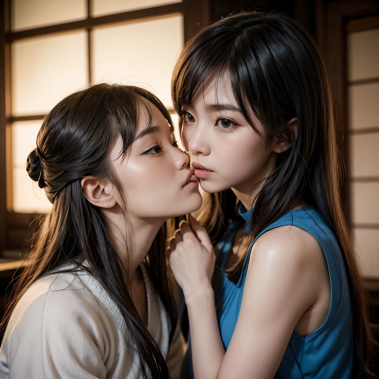 (Highest quality, masterpiece, Ultra-high resolution, (Realistic:1.4), RAW Photos, Written boundary depth, Professional Lighting, Perfect Anatomy, Very detailed), (((A lesbian couple of Japan's most famous idol and Japan's most famous actress))), ((Passionate kissing, Intensely touching lips)), ((((In a very dark bedroom)))), Very romantic atmosphere, Both are wearing sexy lingerie, They both have very beautiful hair, They both have big boobs, They both have small waists, Detail of a very dark bedroom