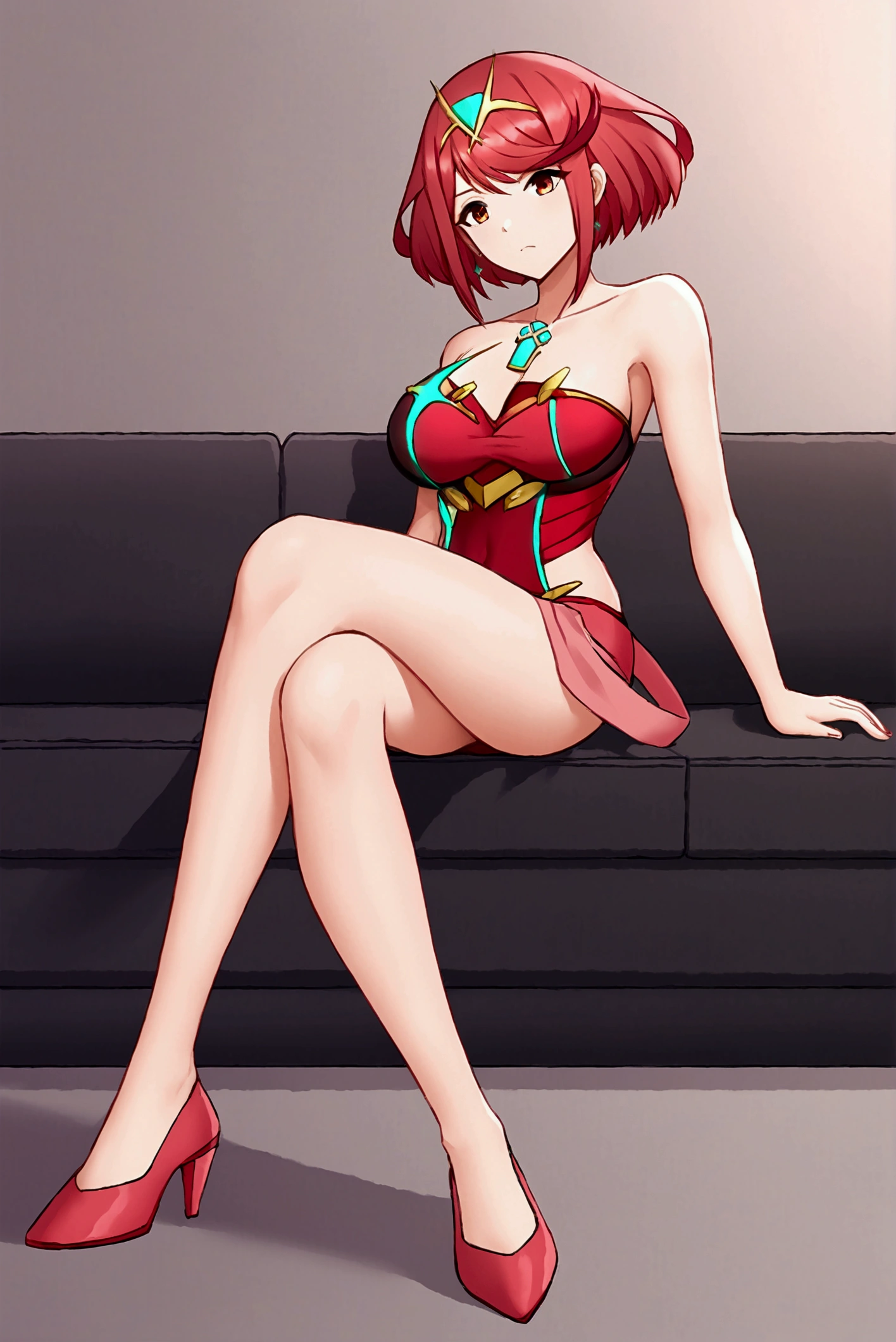 Pyra, short hair, Red hair, bob cut, red eyes, 1 girl, Alone, Bare shoulders, Strapless, medium chest, pink shirt, Pink mini skirt, sitting on a sofa, full body, bare legs with red heels, crossed legs,serious guy