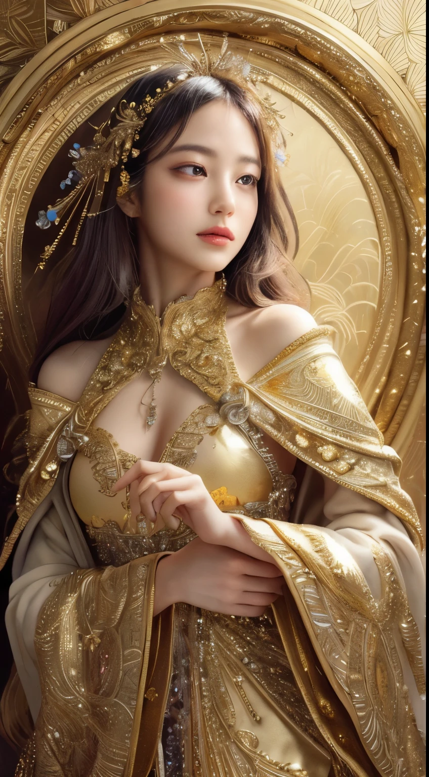 Perfect NwsjMajic,(masterpiece, Best Quality, Best Quality, Official Art, beautiful and aesthetic:1.2), (One girl), Very detailed,colorful,Most detailed, Official Art, unity 8k wallpaper, Super detailed, beautiful and aesthetic, beautiful, masterpiece, Best Quality, (zenTangle, Mandala, Tangle, enTangle) ,Holy Light,Gold Leaf,Gold Leafアート,Sparkly Painting,