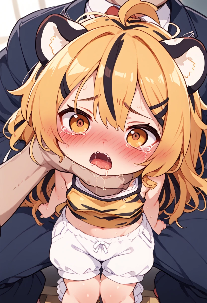 ((creature and personification:1.0,tiger girl:1.1,chibi:1.0)),((NSFW))),wariza,school,(1baby),(motion blur),birds eye view,chibi,((tears)),((Drool)),full-face blush,sweat,(wet),((bloomers caught in the knee)),lift wear,patterned bloomers,small breasts,tiger print wear,deepthroat,irrumatio,((messy hair)),long hair,antenna hair,(fracture),(strangling, {{{{grab neck}}}}), {{man put hands on neck}})}},suspended congress