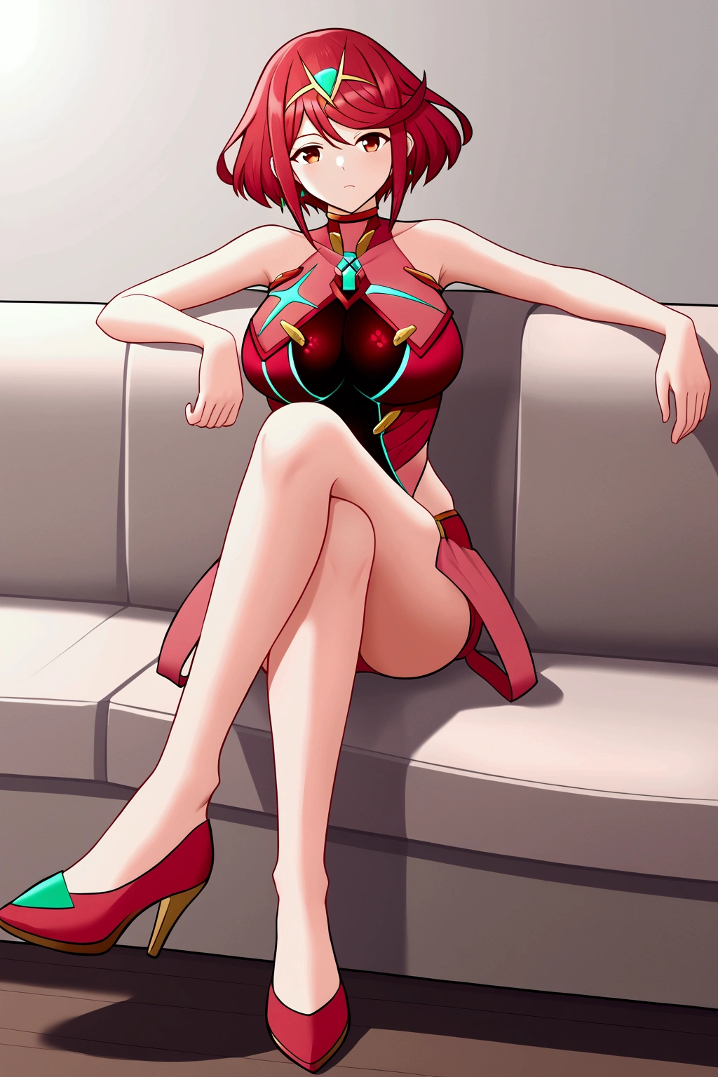 Pyra, short hair, Red hair, bob cut, red eyes, 1 girl, Alone, Bare shoulders, Strapless, medium chest, pink shirt, Pink mini skirt, sitting on a sofa, full body, bare legs with red heels, crossed legs,serious guy