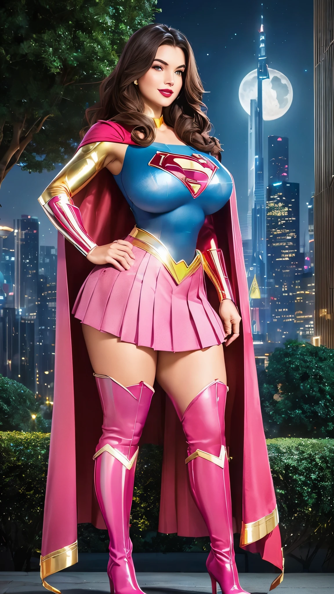 wondergirl, DisneyAurora, (((Anne Hathaway:Selena Gomez:0.7))) full body view Beautiful woman (((shoulder length wavy dark brown hair, hair pulled back))) defined body, (MILF, BBW, voluptuous, very full figure, curvy, chubby, very soft, very thick, huge breasts, massive breasts, sexy, sexy pose, fat thighs, thick waist, soft belly, hourglass, plump) Red lipstick, hands free, mouth slightly open, smiling, standing facing camera, voluptuous physique that accentuates her hourglass illustration. Emphasizes plump breasts and bulges, ((( tight blue shining top of SUPERGIRL, gold belt, pink pleated skirt, pink boots, flowing pink cape ))), (((moonlit city plaza surrounded by trees and skyscrapers at night)))
