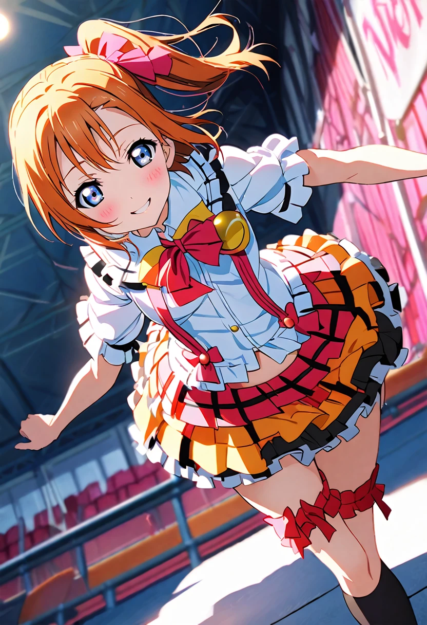 (((Pixel Perfect, Perfect detail))), (((Underskirt angle view, Panties are visible,))), Alone, Solo Girl, Honoka Kosaka, 1, (costume bokura wa ima no naka de, : 1.5), Viewer Perspective, smile, blush, m's, Love Live!! ,Outdoor Stage, sing, (White panties: 1.3), (Panties with ribbon), (Frilled Panties: 1.3), (Skirt blown up by the wind:1.3), (blue eyes, Detailed Shadows, Detailed face, Orange Hair, One-sided ponytail, Short Hair), ((Thigh-high black socks with pink ruffles on top:1.3)), (Black boots),