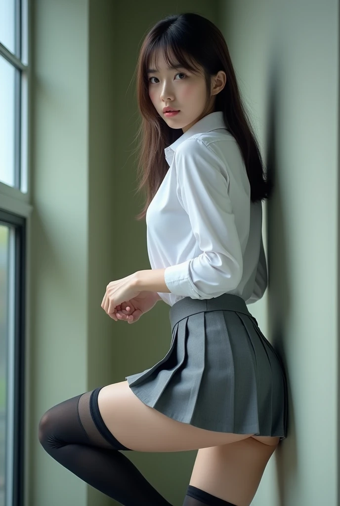 (Best quality,A high resolution,tmasterpiece:1.3),perfect body figure,Beutiful women,(Long hair details),Wear an open white shirt,in class room,Facial details and skin textures are beautifully rendered,詳細な目,二重まぶた,Flesh-colored pantyhose,skirt that wraps around the hips,high-heels,Translucent panties,Correct human anatomy:1.2,Full body photo of the front of the body,Spread your legs apart