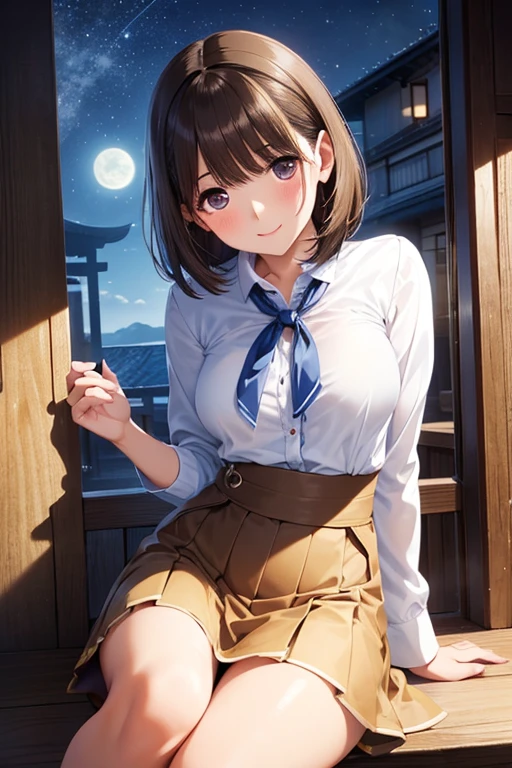 1 female、woman with very long black hair、Busty women、Large areola、Spectacular views、Night Scene、The view from the top of the hill、Full moon night sky、swirling starry sky、８K、Best Quality、The woman&#39;s whole body is in the photo、The woman is wearing a miniskirt and her crotch is visible.、Open neckline golf wear、The thong is transparent、、With a golf club、Sitting squatting