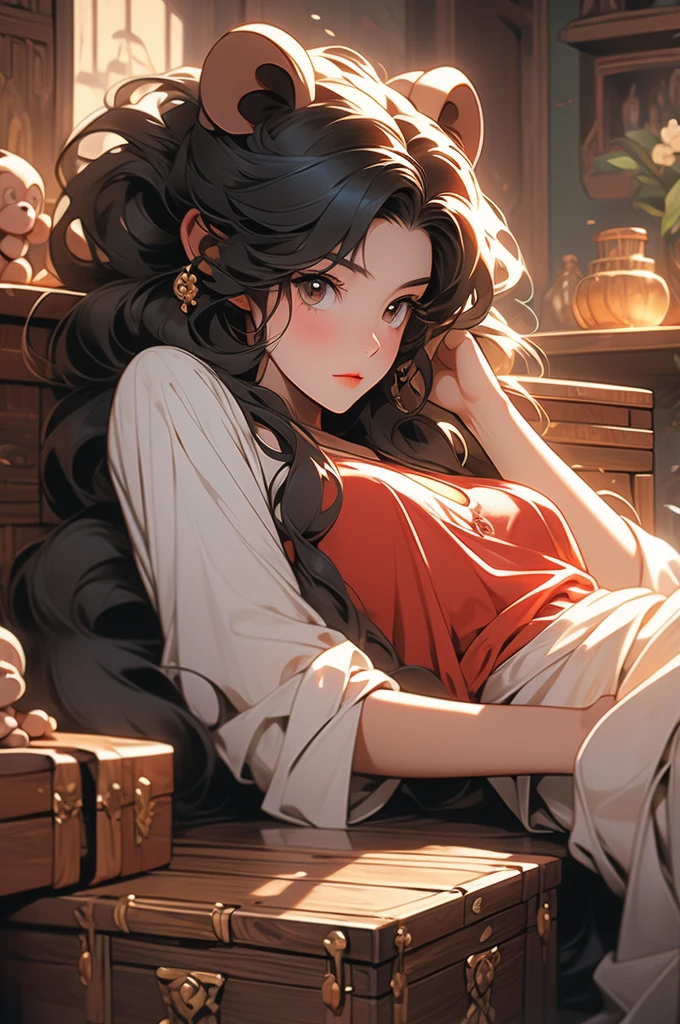 (photorealism:1.2), beautiful woman, sitting on bed, wearing loose off-shoulder top, pajama pants, long curly hair, indoors, soft lighting, plants in background, window with sunlight, cozy room, relaxed pose, realistic, intricate details, warm colors, by Greg Rutkowski, by Alphonse Mucha