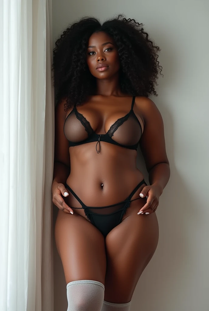 (UHD, retina, masterpiece, award-winning, accurate, anatomically correct, textured skin, super detail, high details, high quality, best quality, high res, 1080P, HD, 4K, 8k, 16k, 32k), (bright studio lighting, illuminating face), (dark skin:1.5), (gorgeous black skinned supermodel, sexy pouty full lips), (beautiful detailed hazel eyes, beautiful detailed lips, extremely detailed eyes and face), (physically-based rendering), vivid colors, gigantic breasts, arousing curves, ((wearing a black lingerie lace demi-cup bra and thong)), cleavage, hourglass body shape, big ass, (full body shot, whole body, side cut, shiny black French braid, side wept bangs, shiny skin, blush), (bokeh), eye reflection,, highly detailed skin texture, extreme details, perfect breast, dark tanned skin, freckles,, ultra detailed skin texture, soft lights, (perfecteyes), dark skin, thick fit, (bottomheavy)