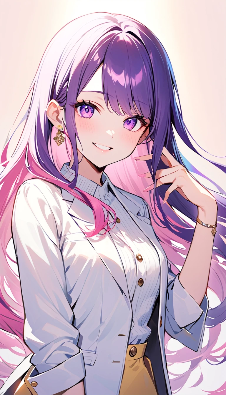1girl, bangs, black choker, black skirt, choker, double bun, earrings, freckles, hair bun, hand up, jacket, jewelry, long hair, long sleeves, looking at viewer, multicolored hair, off shoulder, purple background, purple eyes, purple hair, shirt, skirt, smile, solo, white shirt