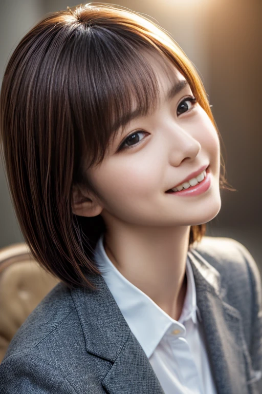 A beautiful young Japanese woman, 27 years old, in a stylish cafe terrace setting, wearing everyday casual clothes with a thin silver necklace. She has a kind, enticing smile, and her face is captured in exquisite detail, with realistic eyes, beautiful skin, and perfect teeth. The lighting is professional, highlighting her features and creating a natural, photorealistic look. The background is simple, allowing the focus to remain on her captivating presence. (best quality,4k,8k,highres,masterpiece:1.3),ultra-detailed,(realistic,photorealistic,photo-realistic:1.37),HDR,UHD,studio lighting,ultra-fine painting,sharp focus,physically-based rendering,extreme detail description,professional,vivid colors,bokeh,portraits,photography,natural color reproduction,noise reduction,high fidelity,quality,software updates,optimized algorithms,one beautiful woman,detailed face,beautiful eyes,realistic eyes,eyes in beautiful details,real looking skin,beautiful skins,enticing,depth of fields,high resolution,high pixel count,clear details,sharp photo,face perfect,perfect chest,perfect teeth,perfect tooth alignment,sexy lips,ears are visible,looking away,don't look into the viewer's eyes,a smile,kindly smile,the golden ratio,detail face:1.2,professional lighting,lighting the face,best light,japanese,japanese girl,photo of a cute japanese woman,small necklace,thin silver necklace,simple background,wear suit,casual pose,short hair swaying in the wind