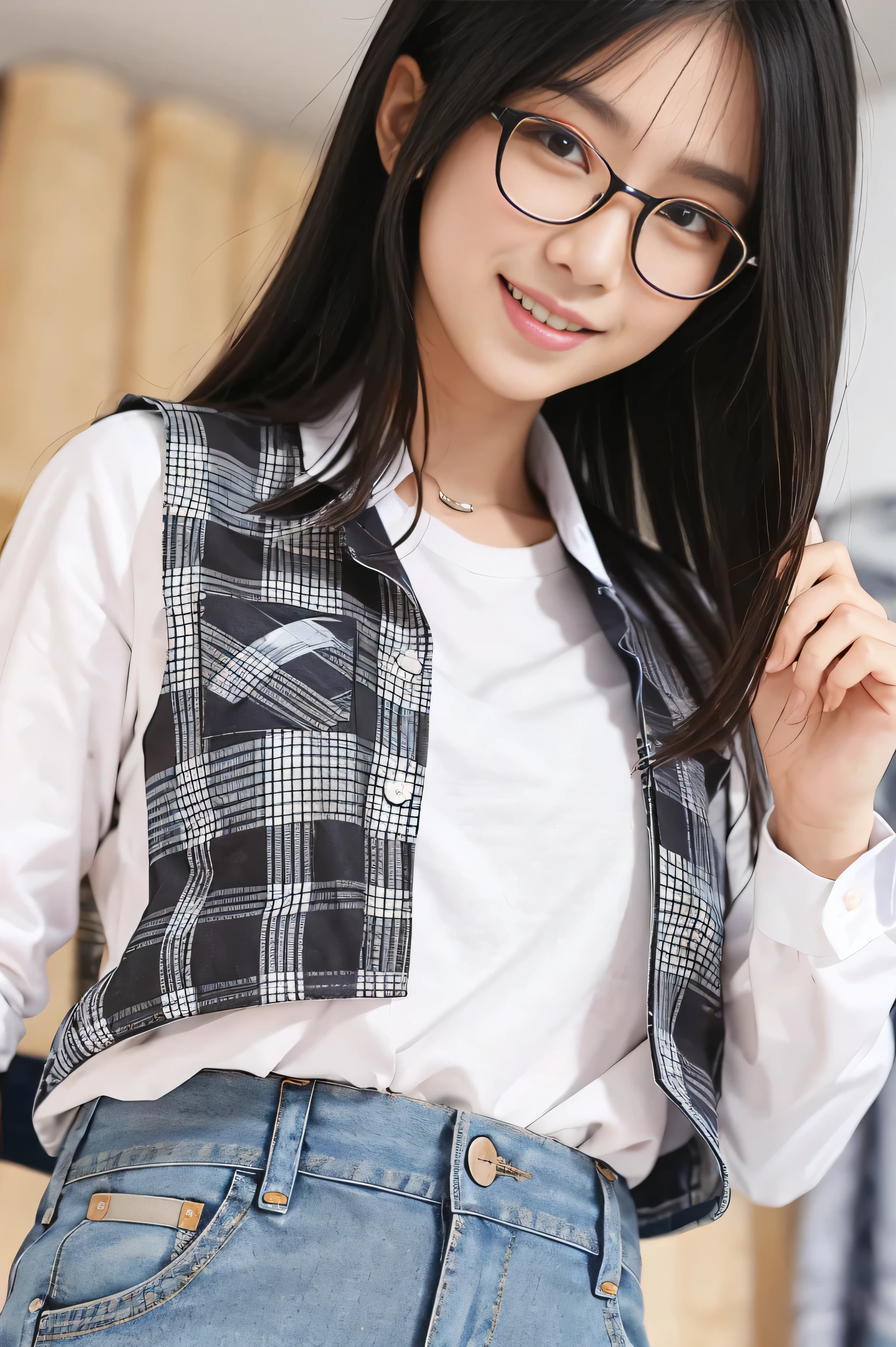 closeup, long straight hair, black t-shirt without pictures, smiling, wear spectacle, denim shirts