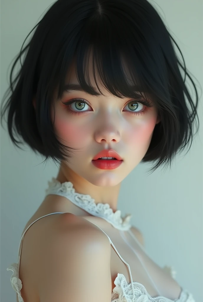 Pale-skinned girl with short black hair, green eyes and one blue eye, beautiful and somewhat gothic in style but not so exaggerated., Full body and perfect tits and ass realistic style, She must be smiling
