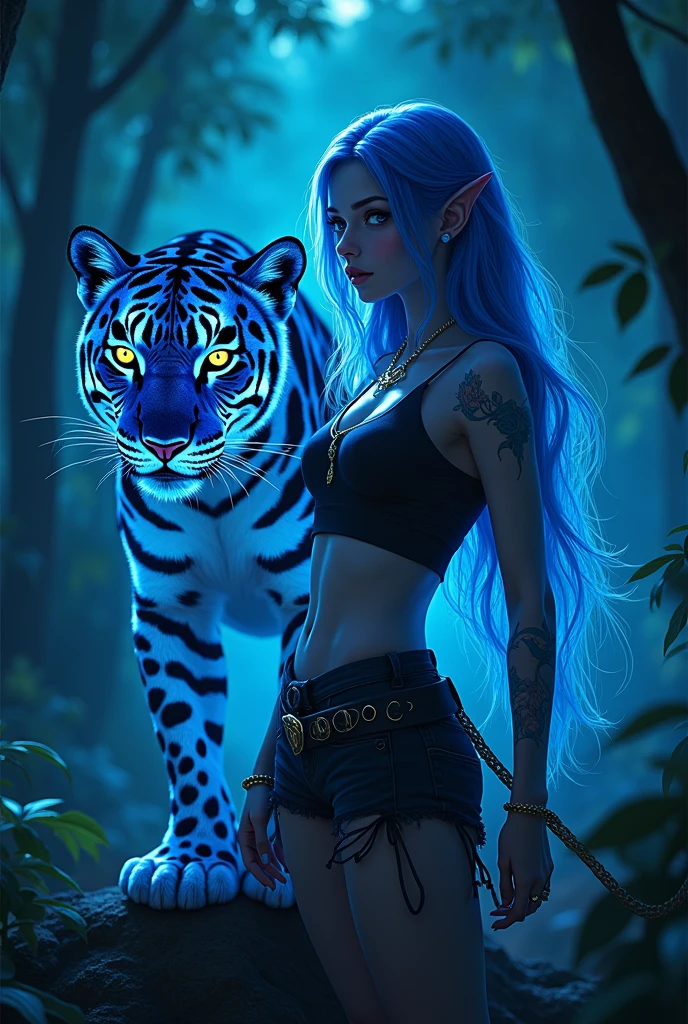 Beautiful and gorgeous elf water, neon midnight indigo, elf woman blue, elf punk, glowing white tattoo, glittering, jungle, dark, siting , cool pose, beautiful magical creature like jaguar, glowing, blue stripe, firecy, both look gorgeous and firecy, forest, beautiful anime style, illustration, uhd in the style, hyperrealistic realistic,