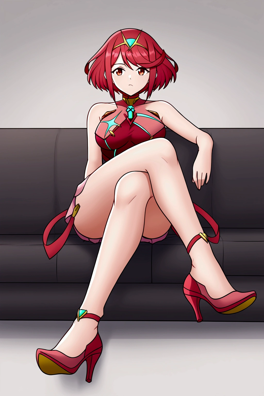 Pyra, short hair, Red hair, bob cut, red eyes, 1 girl, Alone, Bare shoulders, Strapless, medium chest, pink shirt, Pink mini skirt, sitting on a sofa, full body, bare legs with red heels, crossed legs,serious guy