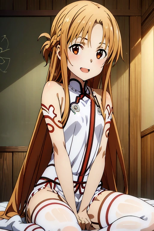 ((Best Quality)), ((masterpiece)), (be familiar with), Perfect Face, indoor, bedroom, Watching the audience,
One woman, Yuuki Asuna,
Open Mouth, Ecstatic expression, blush, smile,
Small breasts, Flat Chest, , , , Girl,
Long Hair, Long Hair,
Leg spread,