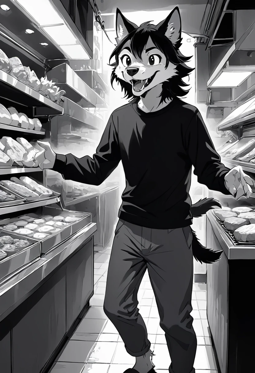 Black and white comics、Japanese Manga、Monochrome、 Conversation scene、Comical werewolf in a long-sleeved black shirt、Right in front of you、A delicious looking cartoon of meat appears、Happy Face、smile、cute、