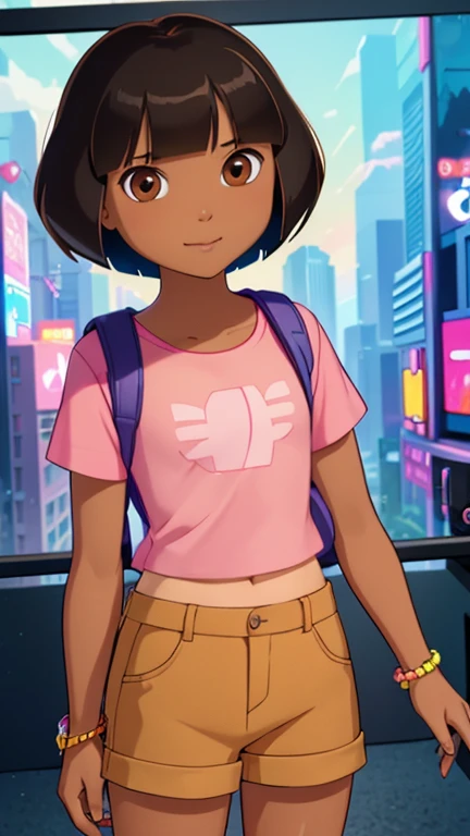 (1girl, solo, highly insanely detailed, masterpiece, top quality, best quality, highres, 4k, 8k, RAW photo),((innocent look)),((Childish)),From the front, symmetrical composition,smile,cute,Innocent,Kind eyes,Flat chest, (DCAU / DCAMU Style), (cyberpunk), night, neon light city, solo, Dora,  brown eyes, flower, dark-skinned female, (tan), bob cut, pink shirt, orange shorts, bracelet, backpack,