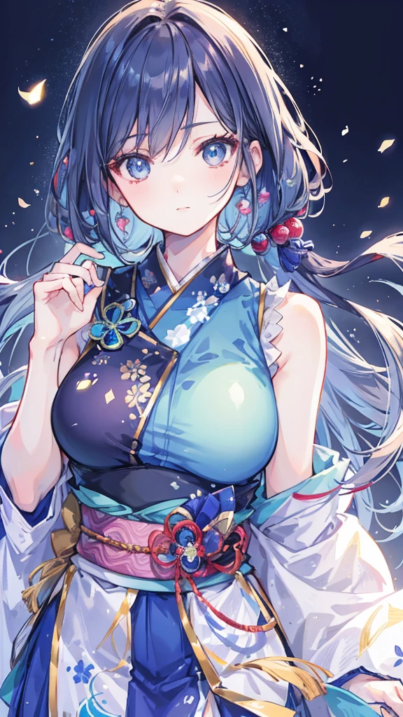 (super detailed:1.3), ((((best quality)))), ((masterpiece)), female kitsune, blue hair, long flowing hair, big green eyes, pink lipstick, full lips, (outfit between a black kimono and cocktail dress), (silky fabric), (low-cut neckline), (form-fitting waist), (short, asymmetrical skirt), (delicate floral patterns on the fabric), (sash tied around the waist with a large bow), (fox ears and fluffy tail), (bare shoulders), (elegant and sexy), (traditional meets modern style),(medieval Europe apartment background), window, (nighttime, blue moon,starry sky :1.2),((dark blue hair, light blue undertones:1.2)),angry expression,lonely beauty