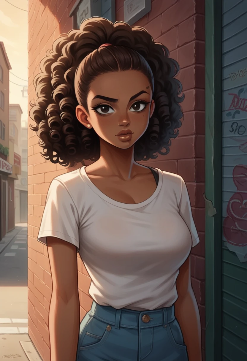 slim thigh, huge tits, curly hair, african curly hair, brown hair, Medium brown skin black girl, medium sized pouty lips, ponytail curly hair , Naturally curly and voluminous, curly type 3c, medium length, black eyes, perfect lips, sweet look, well-arched eyebrow, prostitute, alleyway