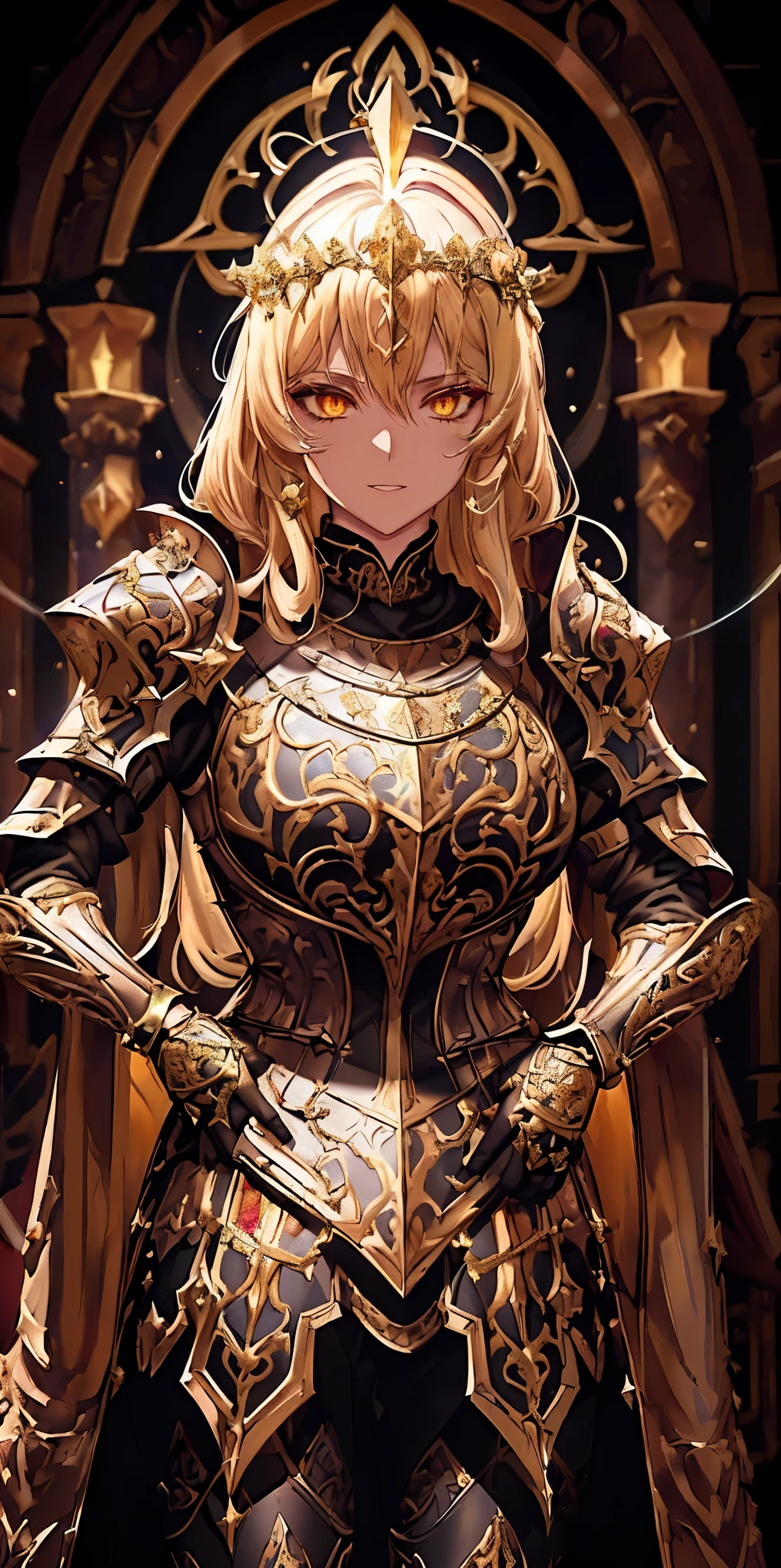 upper body of paladin lady in ornate golden armor, black collar, pauldrons, breastplate, corset, glowing halo, single braid, blonde, yellow glowing eyes, bright pupils, eye focus, red cape, temple indoors, stained glass windows, night, moonlight, particles, light beam, chromatic aberration