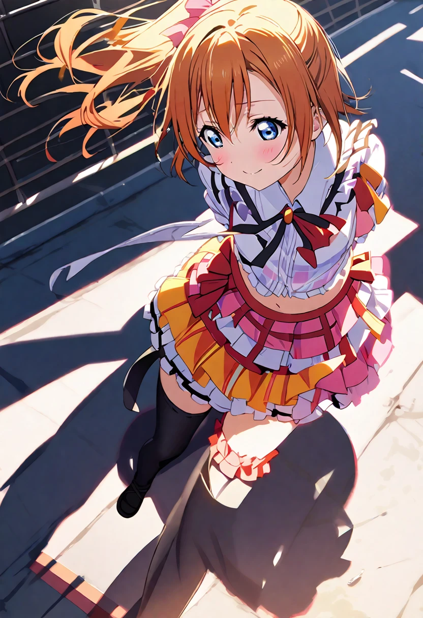 (((Pixel Perfect, Perfect detail))), (((Underskirt angle view, Panties are visible,))), Alone, Solo Girl, Honoka Kosaka, 1, (costume bokura wa ima no naka de, : 1.5), Viewer Perspective, smile, blush, m's, Love Live!! ,Outdoor Stage, sing, (White cotton panties: 1.3), (Detailed panties), (Frilled Panties: 1.3), (A skirt blown up by the wind:1.3), (blue eyes, Detailed Shadows, Detailed face, Orange Hair, One-sided ponytail, Short Hair), ((Thigh-high black socks with pink ruffles on top:1.3)), (Black boots),