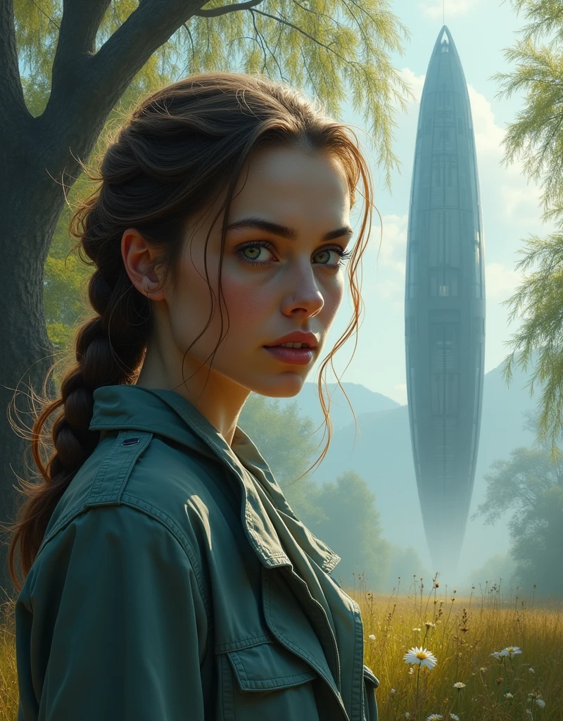 An illustrated movie poster, hand-drawn, full color, a teenage Jedi, 18-years-old, female, wearing a Sleeveless tunic, athletic hourglass figure, busty bosoms, full wide hips, massive round butt, long shapely legs, ridiculously thick powerful thighs, pale blue eyes, mousy brown hair, thick shaggy bangs, rosy sun-kissed complexion, freckles, resembles Margaery Tyrell, standing above Coruscant, graphite shading, stencil marks, airbrushed acrylic paint, masterpiece